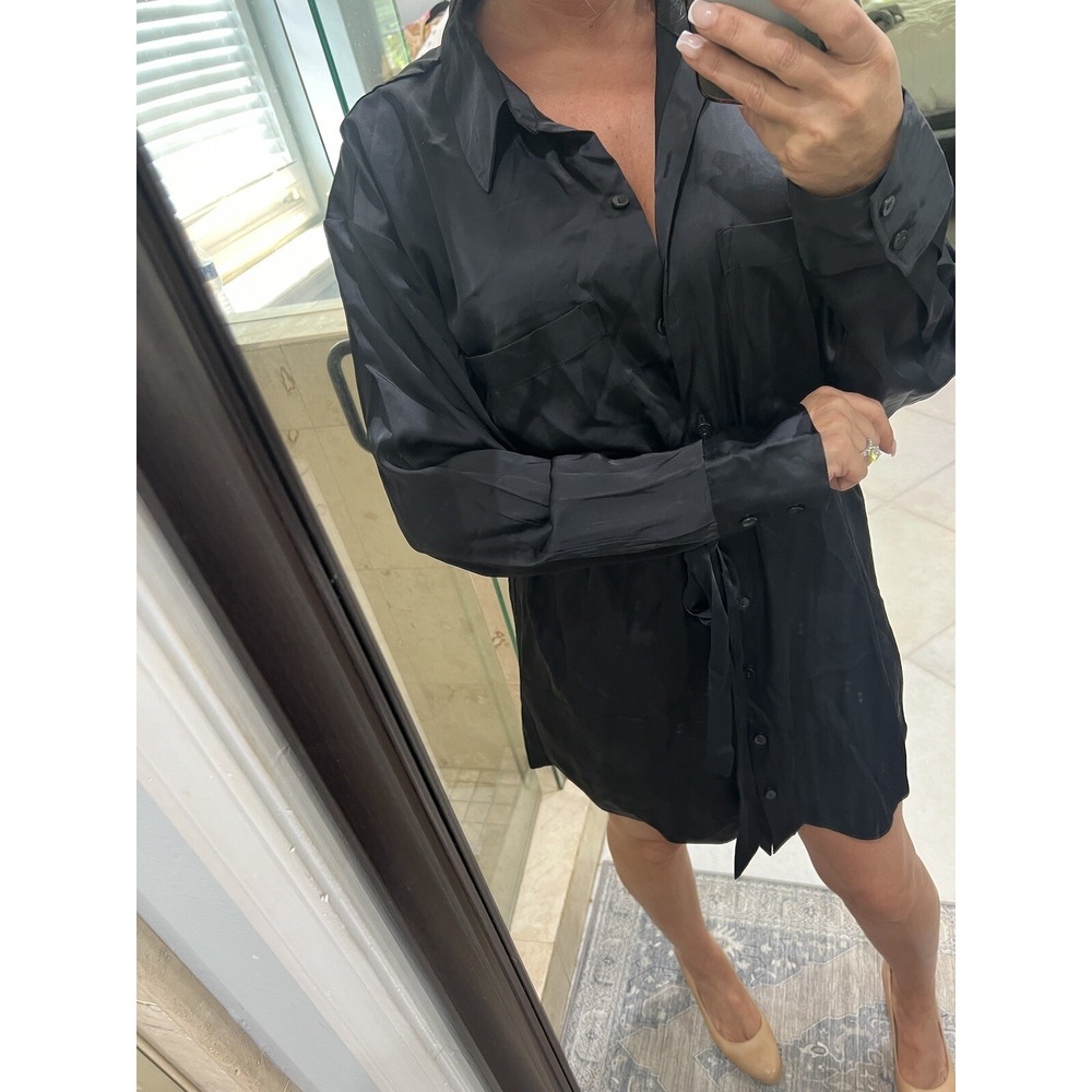 Abercrombie & Fitch Black Satin Belted Long Sleeve Shirt Dress Medium NWT